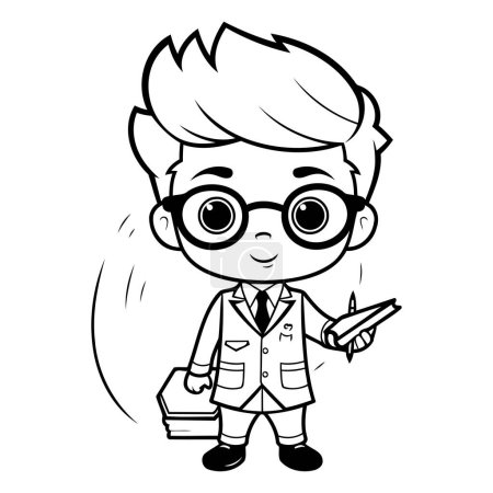 Téléchargez les illustrations : Illustration vectorielle d'un garçon en lunettes tenant un crayon et un livre - en licence libre de droit