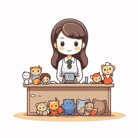 Illustration for Cute little girl working in the office with toys. Vector illustration. - Royalty Free Image
