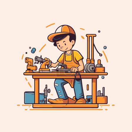 Illustration for Carpenter working in workshop. Vector illustration in cartoon style. - Royalty Free Image