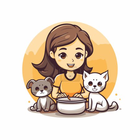 Illustration for Cute little girl holding bowl with cat and dog. Vector illustration. - Royalty Free Image