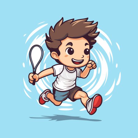 Ilustración de Niño jugando bádminton personaje de dibujos animados. Ilustración vectorial de un niño jugando al bádminton. - Imagen libre de derechos