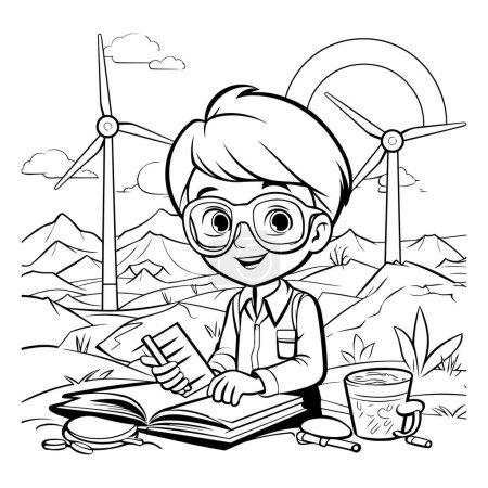 Téléchargez les illustrations : Garçon lisant un livre avec des éoliennes en arrière-plan. illustration vectorielle noir et blanc - en licence libre de droit