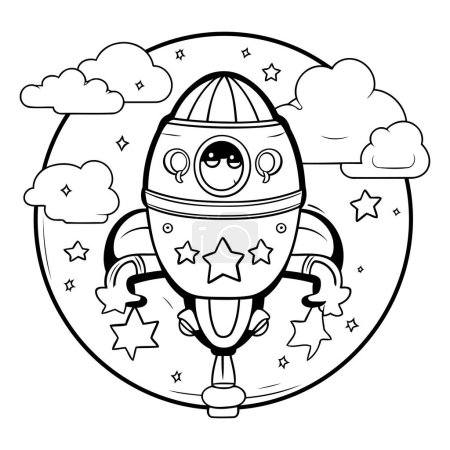Ilustración de Libro para colorear para niños: Alien en el cielo con nubes. - Imagen libre de derechos