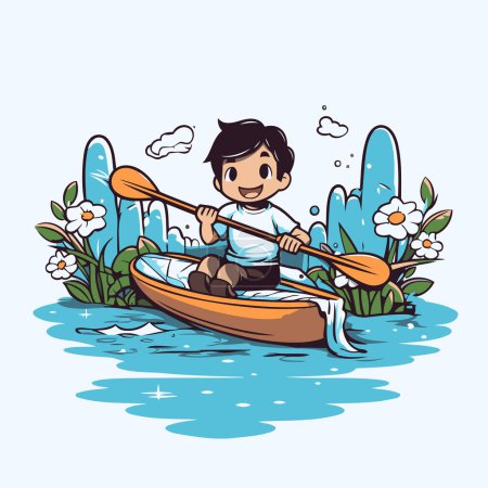 Illustration for Boy rowing a boat in the river. Cartoon vector illustration. - Royalty Free Image