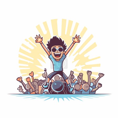 Illustration for Happy young man in wheelchair with raised hands. Vector cartoon illustration. - Royalty Free Image