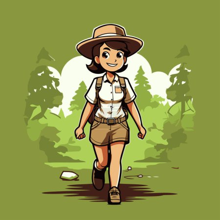Illustration for Hiking girl in the forest. Vector illustration of a hiker. - Royalty Free Image
