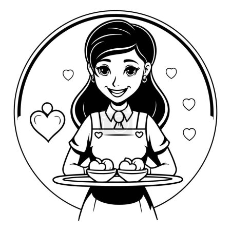 Téléchargez les illustrations : Jeune femme chef dessin animé dans un cadre rond avec des cœurs vectoriel illustration graphisme - en licence libre de droit