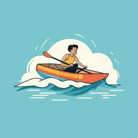 Téléchargez les illustrations : Un homme en kayak sur les vagues. Illustration vectorielle de style plat. - en licence libre de droit