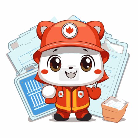 Cute cartoon firefighter with a folder of documents. Vector illustration.