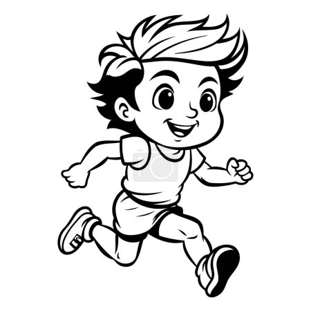 Illustration for Running boy - Black and White Cartoon Illustration. Isolated on White Background - Royalty Free Image