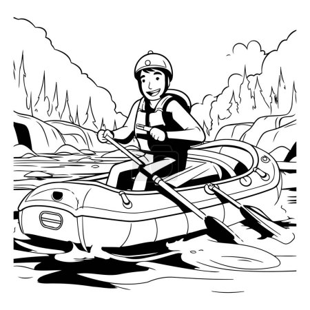 Illustration for Man rowing in a kayak. Black and white illustration. - Royalty Free Image