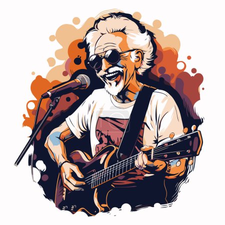 Old man playing the electric guitar. Hand drawn vector illustration in sketch style.