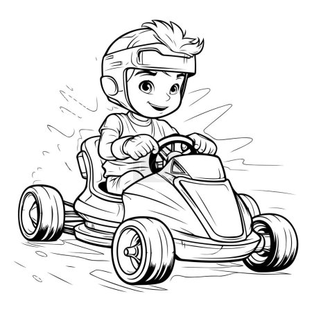 Illustration for Cartoon little boy driving a race car. Vector illustration for coloring book. - Royalty Free Image