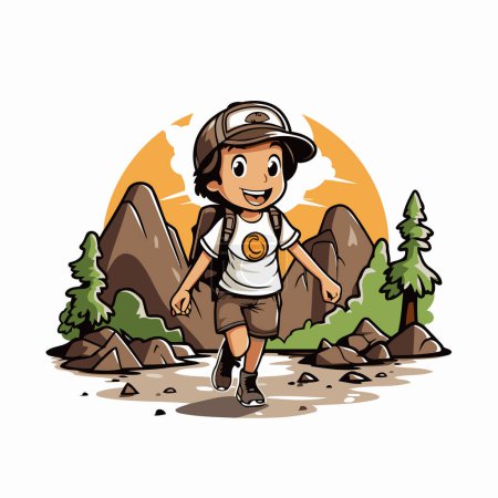 Ilustración de Dibujos animados chico turista con una mochila en las montañas. Ilustración vectorial - Imagen libre de derechos