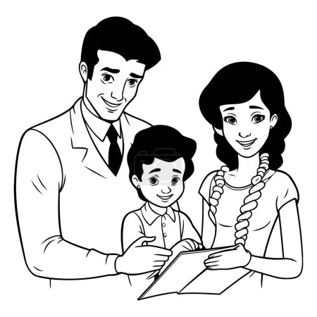Illustration for Family single father with mother and son holding book cartoon vector illustration graphic design - Royalty Free Image