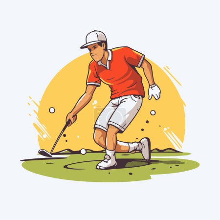 Téléchargez les illustrations : Joueuse de golf. Illustration vectorielle d'un homme jouant au golf sur un terrain de golf. - en licence libre de droit