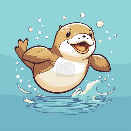 Ilustración de Ilustración de una linda foca de dibujos animados flotando en el agua sobre un fondo azul - Imagen libre de derechos