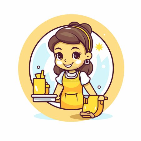 Illustration for Cute girl washing dishes. Vector illustration in a flat style. - Royalty Free Image