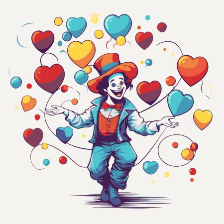 Illustration for Vector illustration of a clown with balloons in the form of hearts. - Royalty Free Image