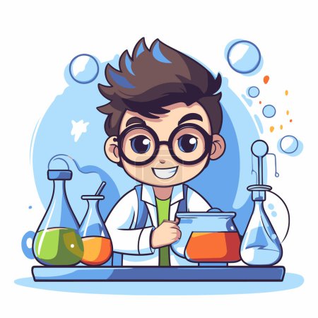 Illustration for Cute boy scientist in laboratory. Vector illustration in cartoon style. - Royalty Free Image