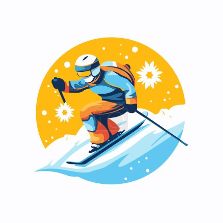 Illustration for Skier skiing in the mountains. Vector illustration. Cartoon style. - Royalty Free Image