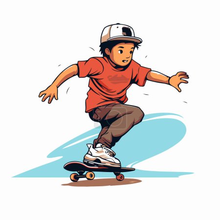Téléchargez les illustrations : Skateboarder équitation sur skateboard. Illustration vectorielle d'un garçon dans un skate park. - en licence libre de droit