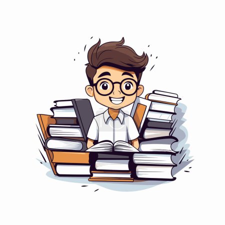 Téléchargez les illustrations : Illustration vectorielle d'un écolier en lunettes avec une pile de livres - en licence libre de droit