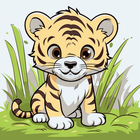 Illustration for Cute tiger sitting in the grass. Vector illustration of a tiger. - Royalty Free Image