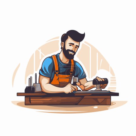 Illustration for Vector illustration of a carpenter working on a woodworking machine. - Royalty Free Image