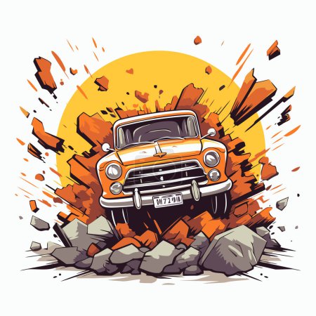 Illustration for Vintage car on grunge background. Hand drawn vector illustration. - Royalty Free Image
