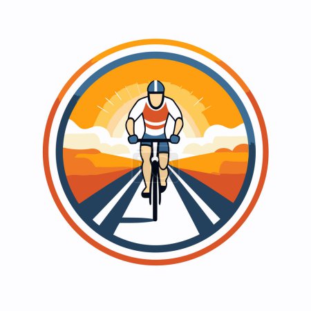 Illustration for Circle shape icon with cyclist riding on road. Vector illustration. - Royalty Free Image