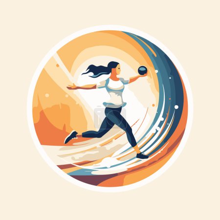 Illustration for Sportswoman running with ball. Vector illustration in flat style. - Royalty Free Image