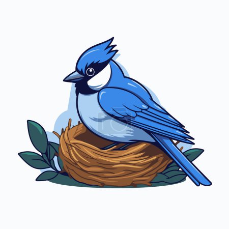Illustration for Cartoon blue tit bird sitting in the nest. Vector illustration. - Royalty Free Image