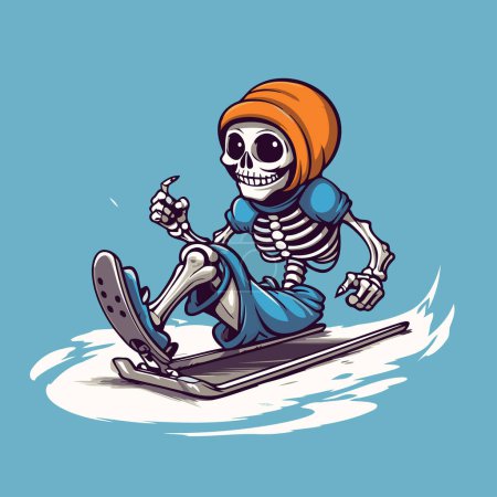 Téléchargez les illustrations : Ski du crâne. Illustration vectorielle d'un squelette skiant sur un ski. - en licence libre de droit