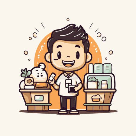 Téléchargez les illustrations : Homme dessin animé mignon faisant du shopping au supermarché. Illustration vectorielle d'un homme au supermarché. - en licence libre de droit