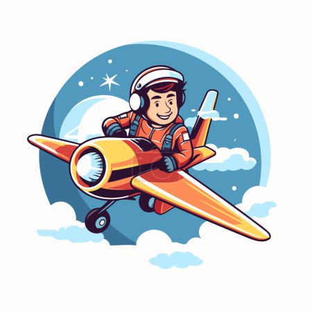Illustration for Vector illustration of a cartoon pilot with airplane on the background of clouds. - Royalty Free Image