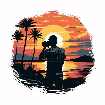 Illustration for Photographer taking picture on sunset beach. silhouette vector illustration graphic design - Royalty Free Image