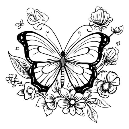 Téléchargez les illustrations : Papillon et fleurs. Illustration vectorielle. Noir et blanc. - en licence libre de droit
