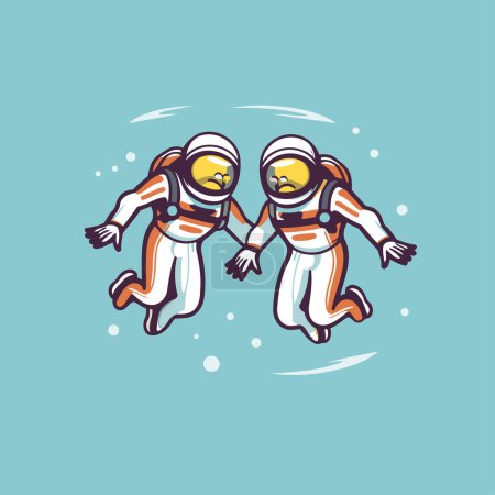 Illustration for Astronaut couple in space. cartoon vector illustration isolated on blue background. - Royalty Free Image