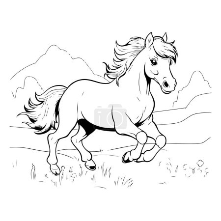 Illustration for Horse running in the meadow. Black and white vector illustration. - Royalty Free Image
