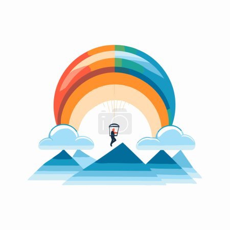 Illustration for Businessman flying on a rainbow above the clouds. Flat style vector illustration. - Royalty Free Image