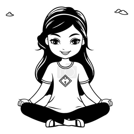 Téléchargez les illustrations : Mignonne petite fille pratiquant le yoga. illustration vectorielle noir et blanc design graphique - en licence libre de droit