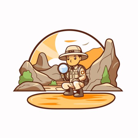 Illustration for Fisherman with a magnifying glass. Vector illustration in cartoon style - Royalty Free Image