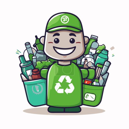 Téléchargez les illustrations : Personnage de bande dessinée d'homme poubelle avec l'illustration vectorielle de boîte de recyclage - en licence libre de droit
