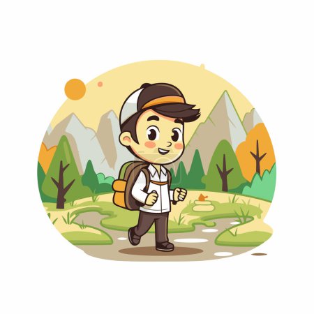 Téléchargez les illustrations : Joli petit garçon avec sac à dos dans la forêt. Illustration vectorielle. - en licence libre de droit