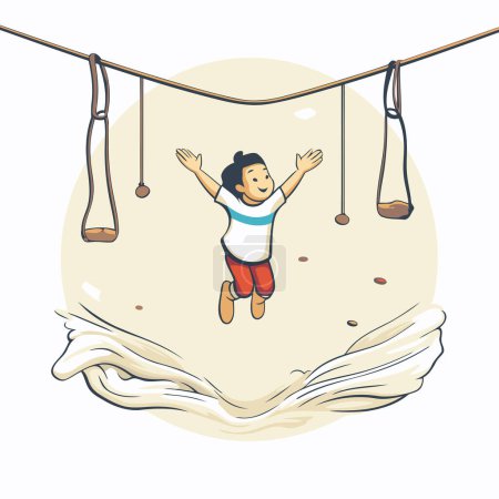 Illustration for Boy swinging on the rope. Vector illustration of a happy child. - Royalty Free Image
