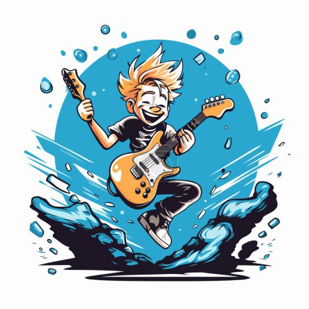 Illustration for Guitar player with electric guitar jumping on the rock. Vector illustration. - Royalty Free Image