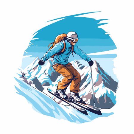 Téléchargez les illustrations : Snowboarder ski alpin en montagne. Illustration vectorielle dessinée main. - en licence libre de droit