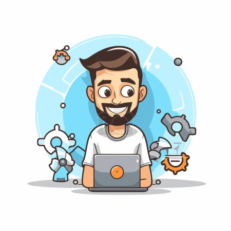 Illustration for Man working on laptop. Vector illustration in cartoon style. Isolated on white background. - Royalty Free Image