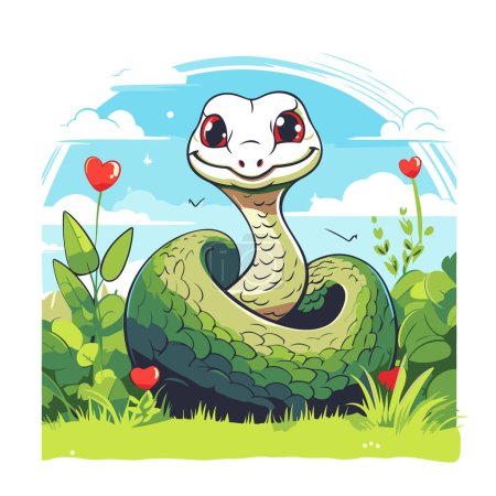 Téléchargez les illustrations : Serpent de dessin animé mignon dans le jardin. Illustration vectorielle sur fond blanc. - en licence libre de droit